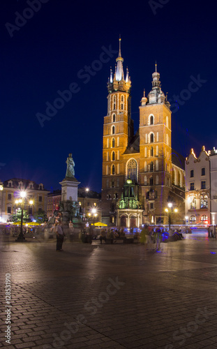 Market square and St. Mary's Basilica at night. Krakow, Poland.