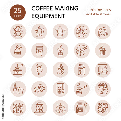 Vector line icons of coffee making equipment. Elements - moka pot, french press, coffee grinder, espresso, vending, coffee plant. Linear restaurant, shop pictogram with editable stroke for coffee menu