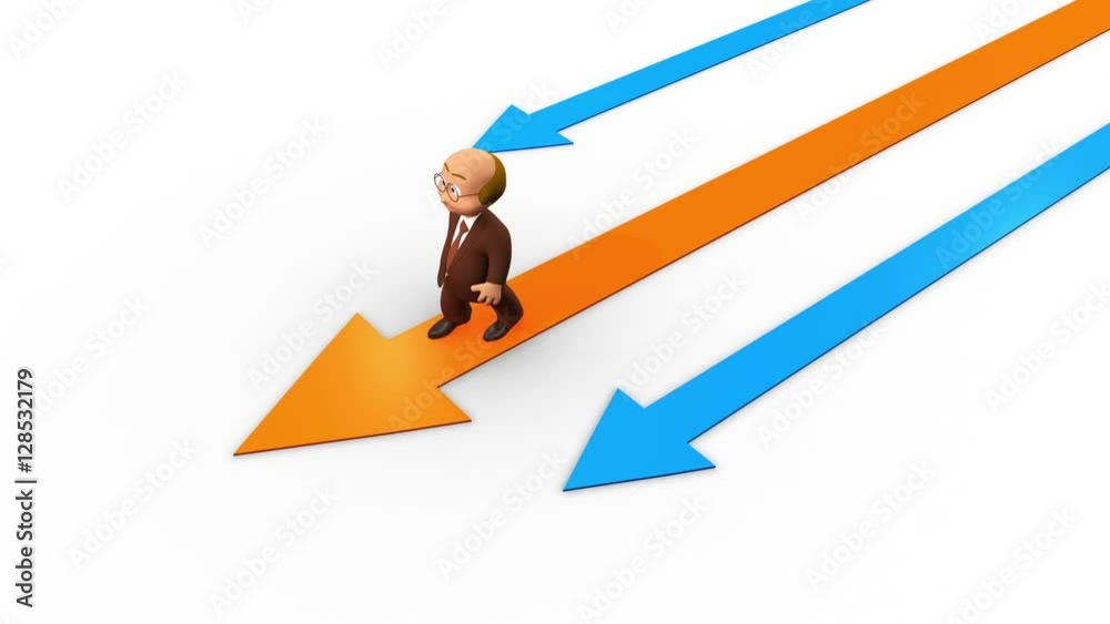 Happy cute business man character walking with arrows Happy cute business man character walking with arrows