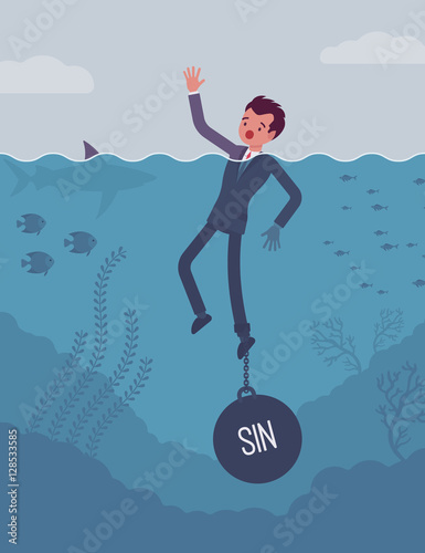 Businessman drowning chained with a weight Sin