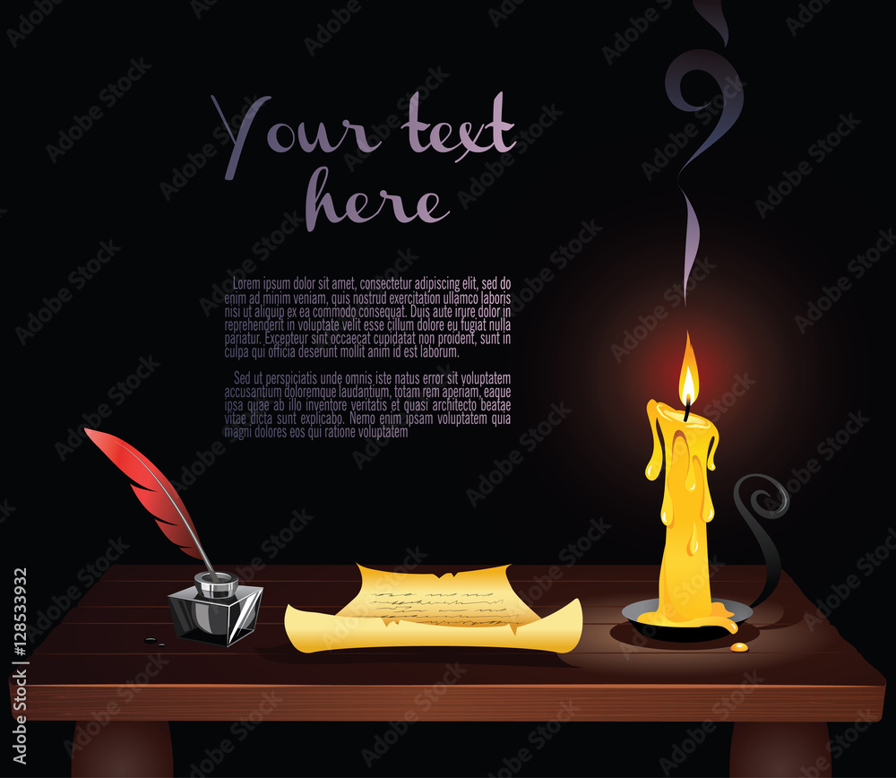 Vintage writing instruments. Letter written on old piece of paper, ink and  feather quill pen standing beside candle on the desk. Old times. Wide copy  space for text. Stock Vector | Adobe