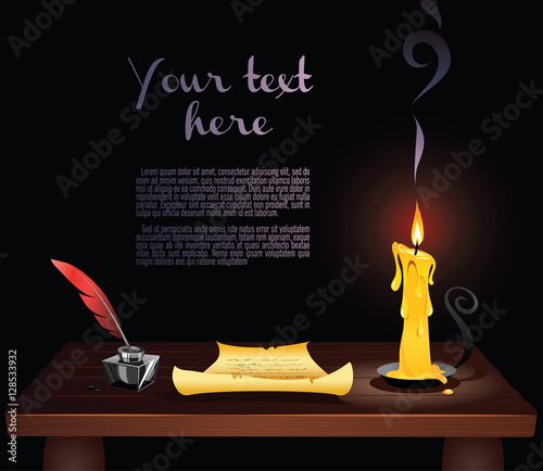 Vintage writing instruments. Letter written on old piece of paper, ink and feather quill pen standing beside candle on the desk. Old times. Wide copy space for text. 