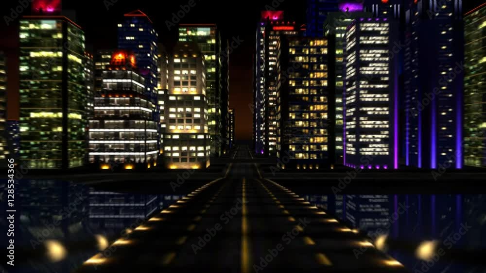 3D city flight animation at night
