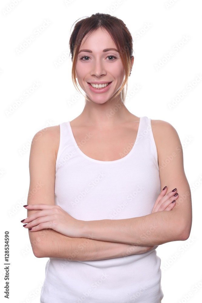 Lady in tanktop with crossed arms. Close up. White background Lady in tanktop with crossed arms. Close up. White background