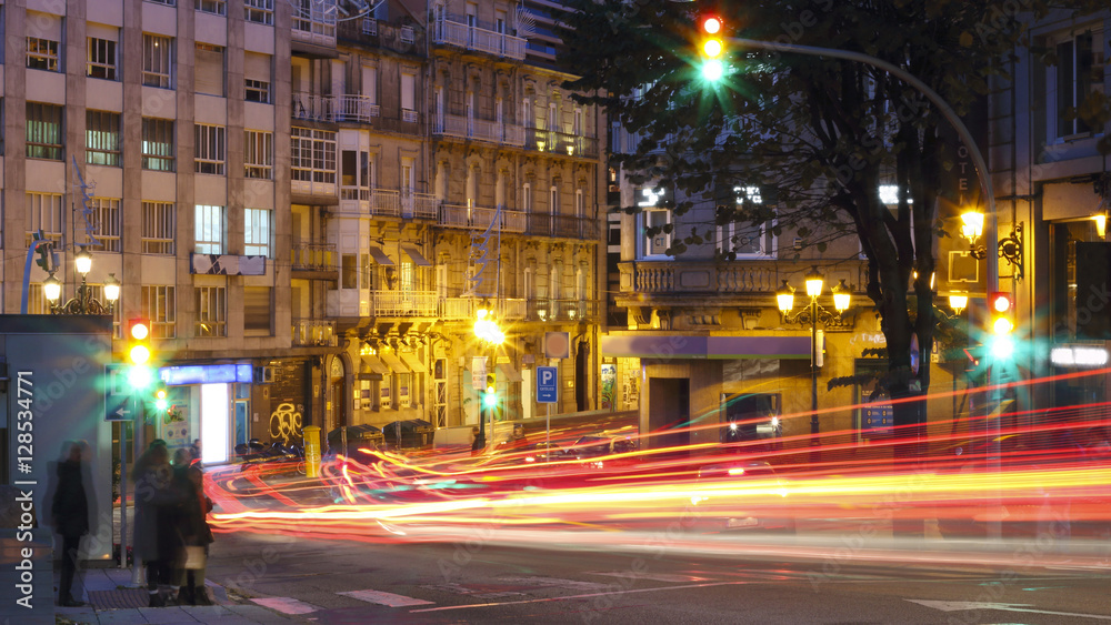 Vigo city at night with lights of cars in motion