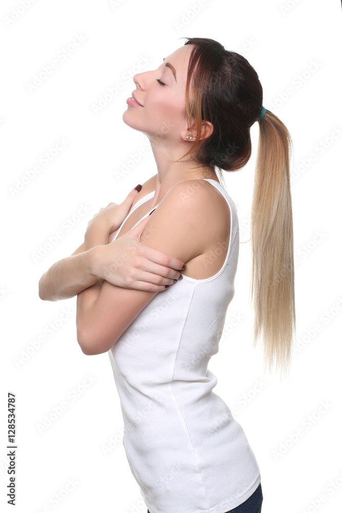 Model in singlet standing profile. Close up. White background Model in singlet standing profile. Close up. White background