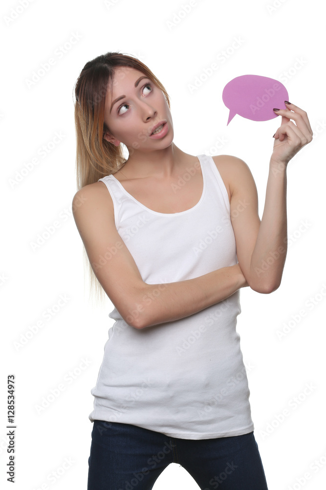 Girl holding thinking cloud. Close up. White background Girl holding thinking cloud. Close up. White background