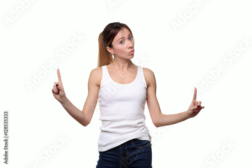 Girl showing two fingers. Close up. White background