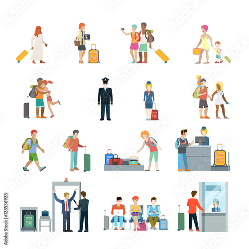 Flat Travel Family children Passport control people vector