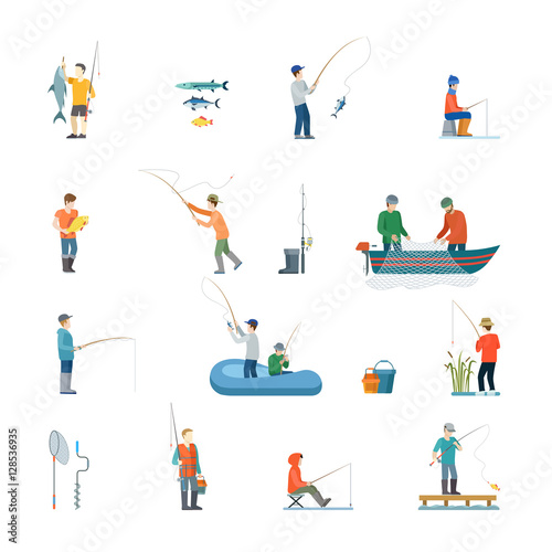 Flat Fisherman fish boat Vacation concept net fishing vector