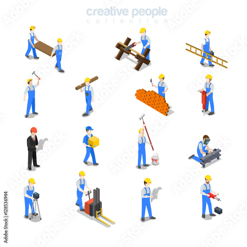 Flat Construction 3d isometric builders weld hummer vector