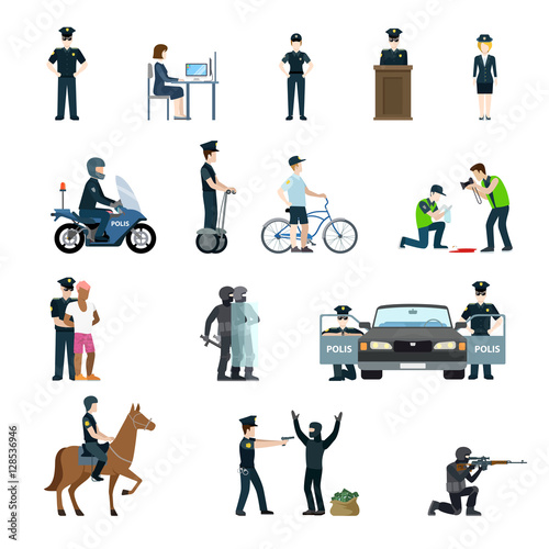 Flat isometric police man woman report car vector. 3d law order