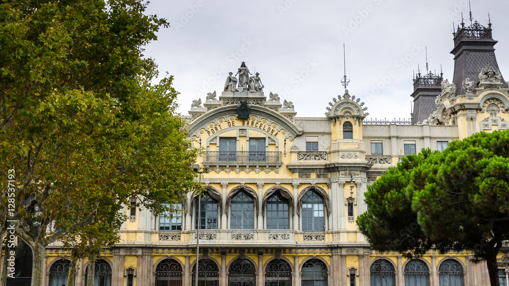 Facade of the central building port of Barcelona in Spain