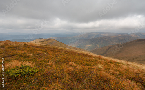 Cloudy day falling ridge of the mountain ranges. Carpathians
