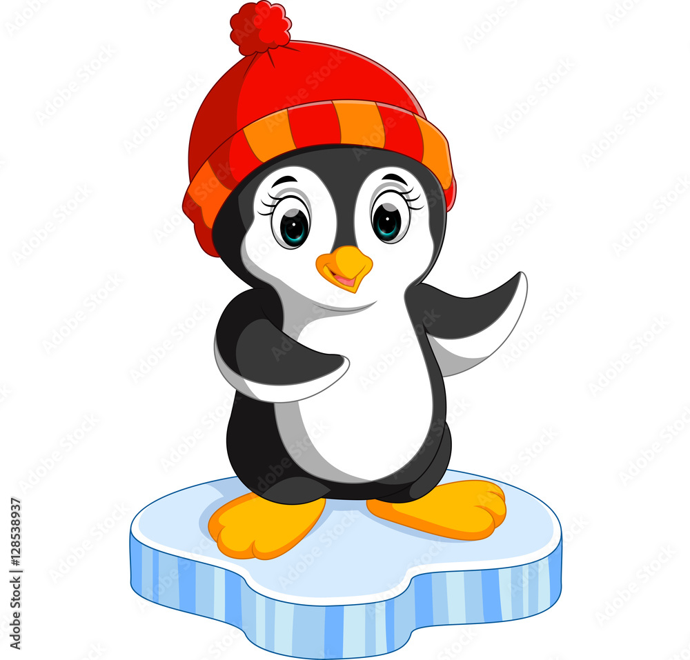 Naklejka premium Pingwin szczęśliwy kreskówka na lodzie