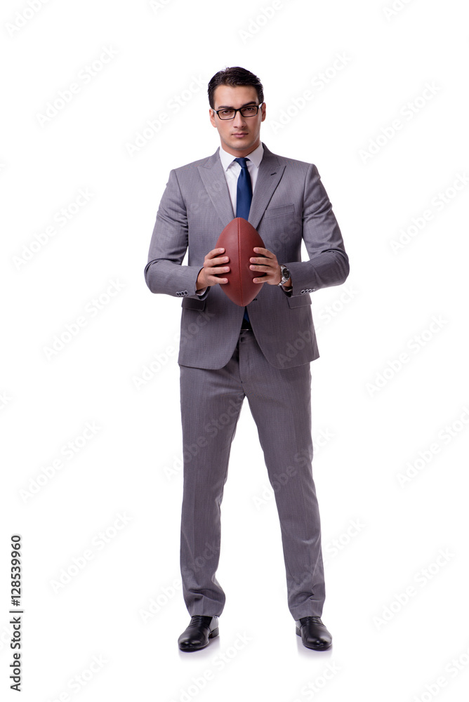 Businessman with american football isolated on white Businessman with american football isolated on white