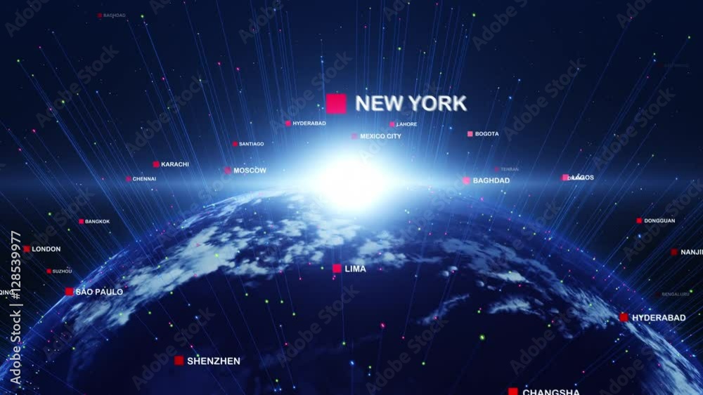 Digital world with city names around. Technology related concept.