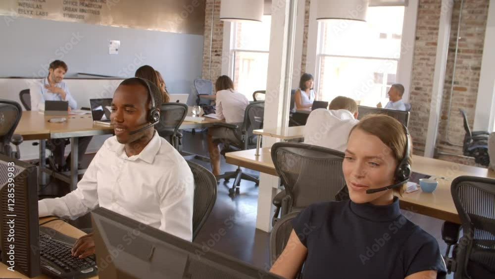 Slow Motion Shot Of Staff In Customer Service Department