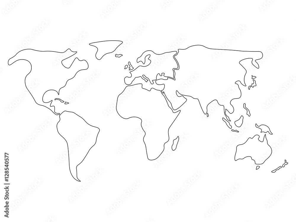 World map divided to six continents in black - North America, South America, Africa, Europe, Asia and Australia Oceania. Simplified black outline of blank vector map without labels.