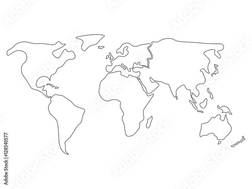 World map divided to six continents in black - North America, South America, Africa, Europe, Asia and Australia Oceania. Simplified black outline of blank vector map without labels.