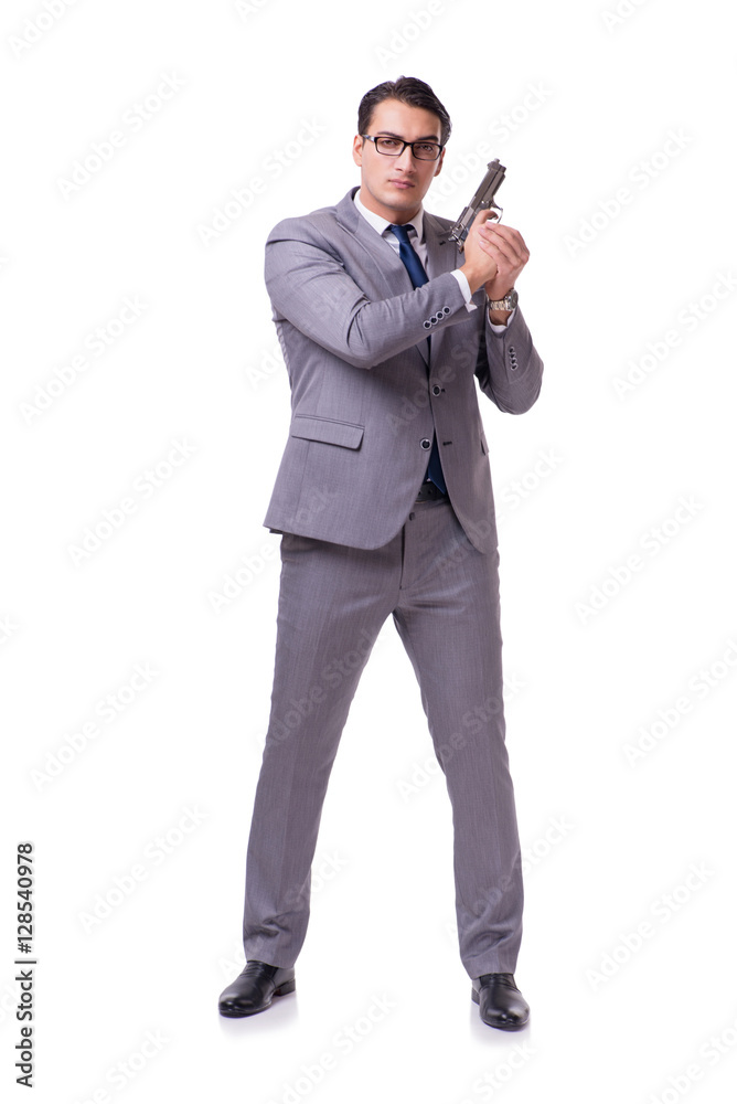 Aggressive business manager with handgun isolated on white Aggressive business manager with handgun isolated on white