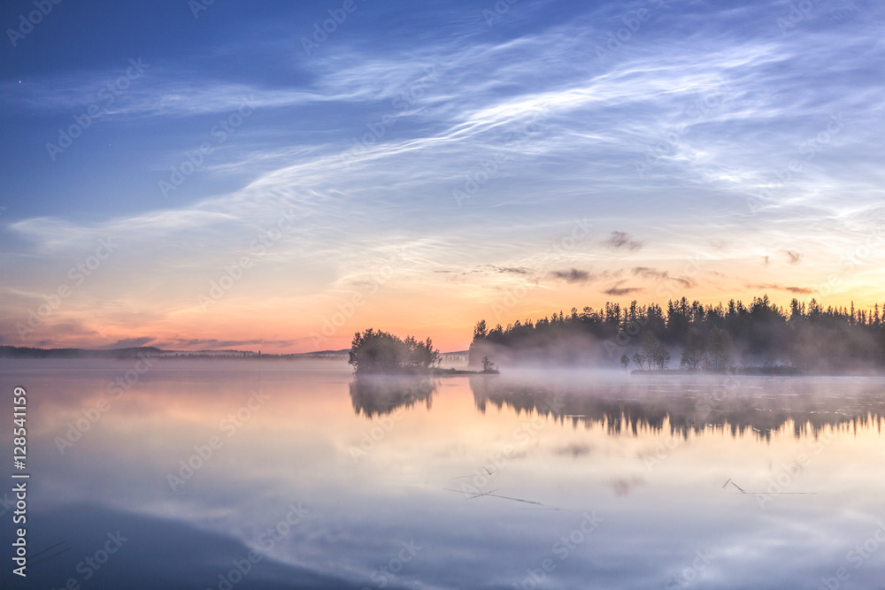 Lake and fog at sunset, Lapland, Finland, Scandinavia, Europe Lake and fog at sunset, Lapland, Finland, Scandinavia, Europe