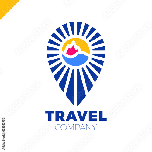 Line travel pin logo. Sun, sea, mountain logotype