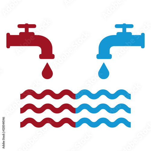 Opened blue and red water faucets with drop and water waves. Flat icon. Cold and hot water. Vector illustration.