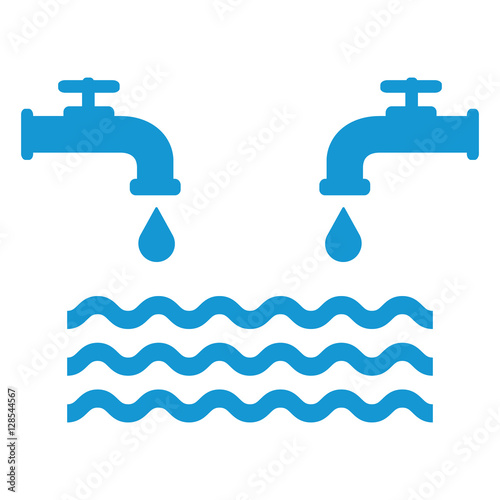 Opened blue water faucets with drop and water waves. Flat icon. Cold water. Vector illustration.