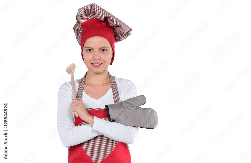 young attractive home cook woman in red apron and hat posing isolated on white background in chef and successful cooking young attractive home cook woman in red apron and hat posing isolated on white background in chef and successful cooking