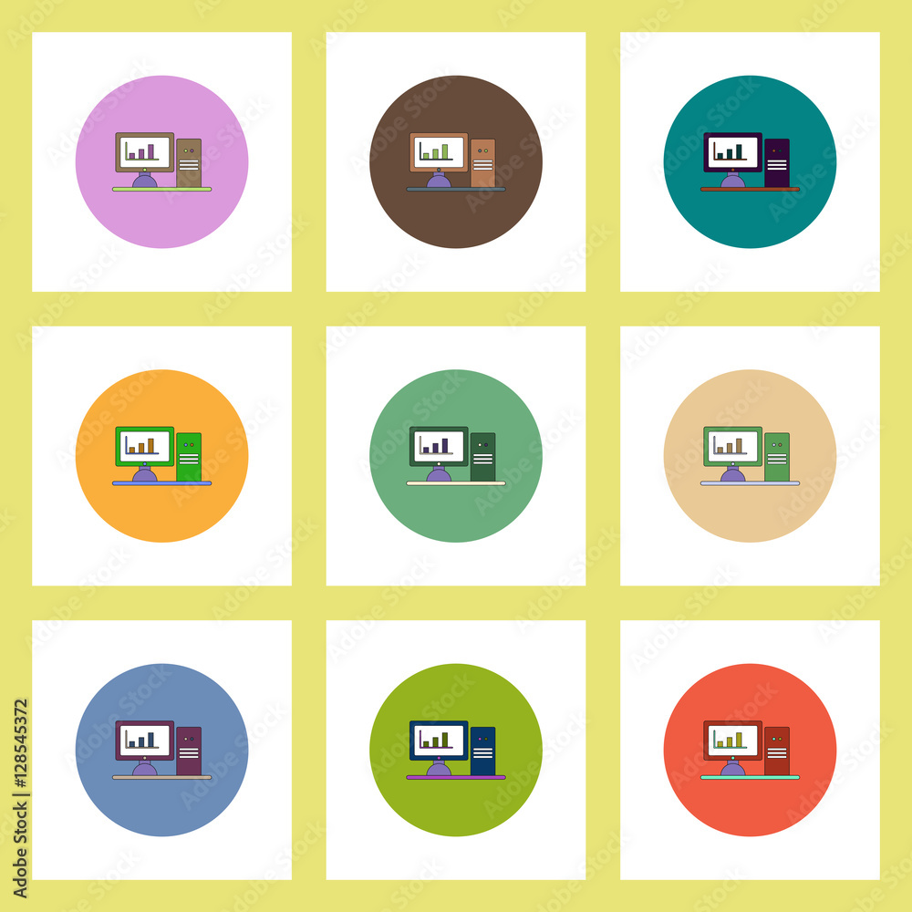 flat icons set of column chart on computer monitor concept on colorful circles