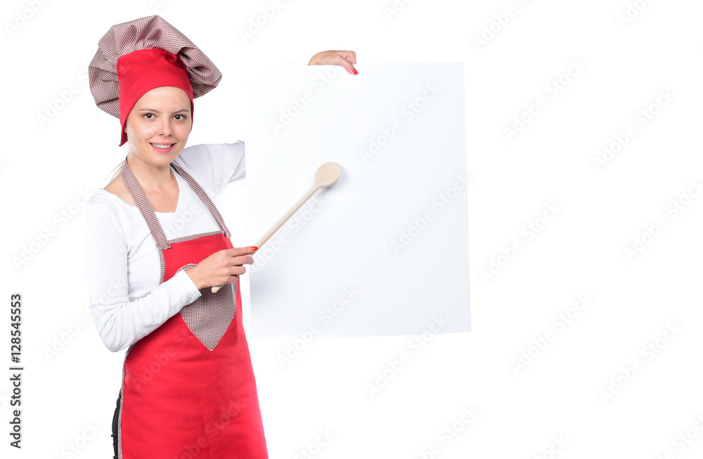 young attractive home cook woman in red apron and hat posing isolated on white background in chef and successful cooking young attractive home cook woman in red apron and hat posing isolated on white background in chef and successful cooking
