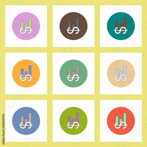 flat icons set of column chart and dollar emblem concept on colorful circles