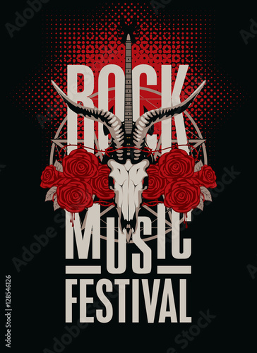 banner poster for festival rock music with goat skull, roses and electric guitar