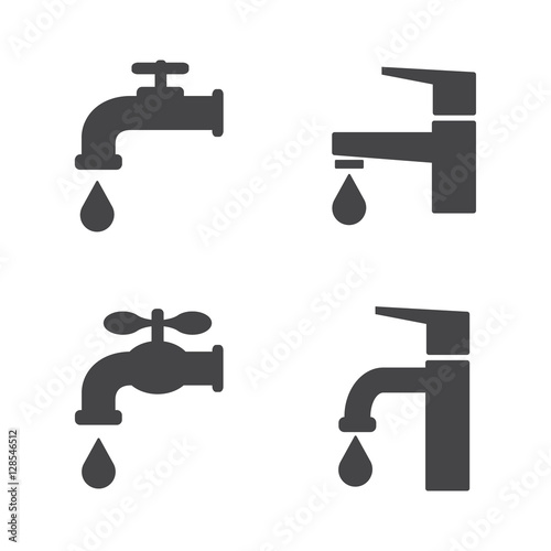 Water faucets set. Black silhouette icons with drops. Vector illustration.