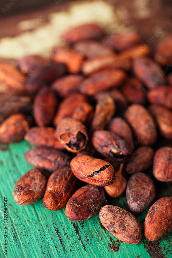 roasted cocoa chocolate beans on wood background roasted cocoa chocolate beans on wood background