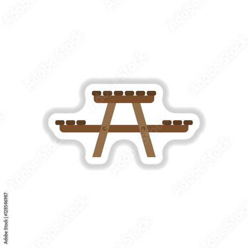 Vector illustration in paper sticker style camping table wooden park bench