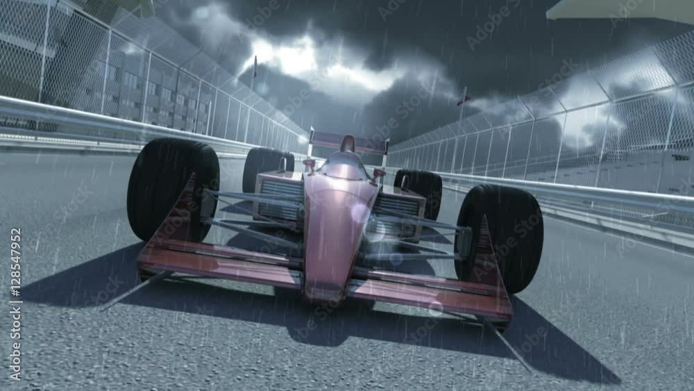 Winning formula one racing car 3d animation on a rainy day