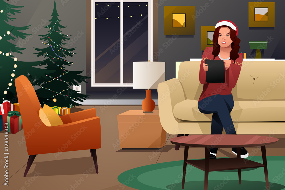 Fototapeta premium Beautiful Woman Looking at Tablet PC for Christmas Shopping