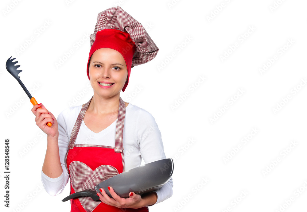 young attractive home cook woman in red apron and hat posing isolated on white background in chef and successful cooking young attractive home cook woman in red apron and hat posing isolated on white background in chef and successful cooking