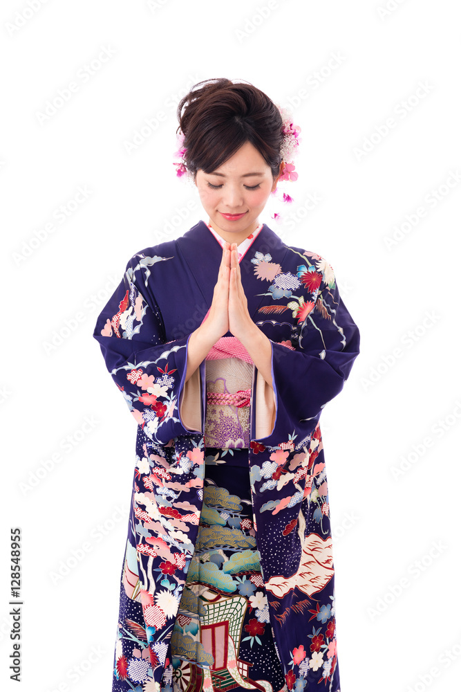 attractive asian woman wearing kimono isolated on white background