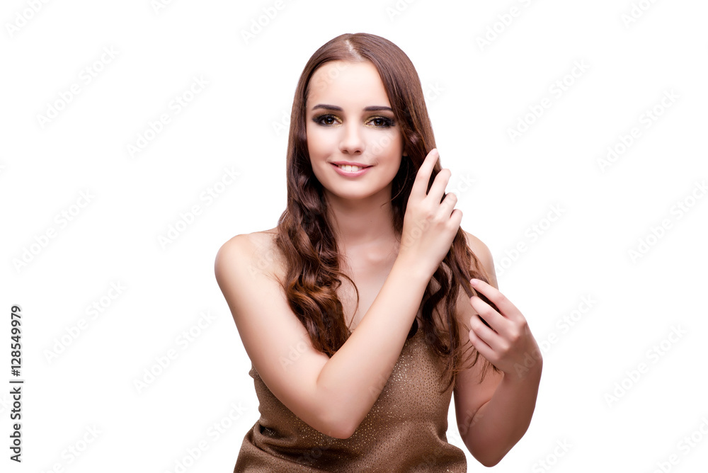 Fototapeta premium Woman checking her haircut isolated on white