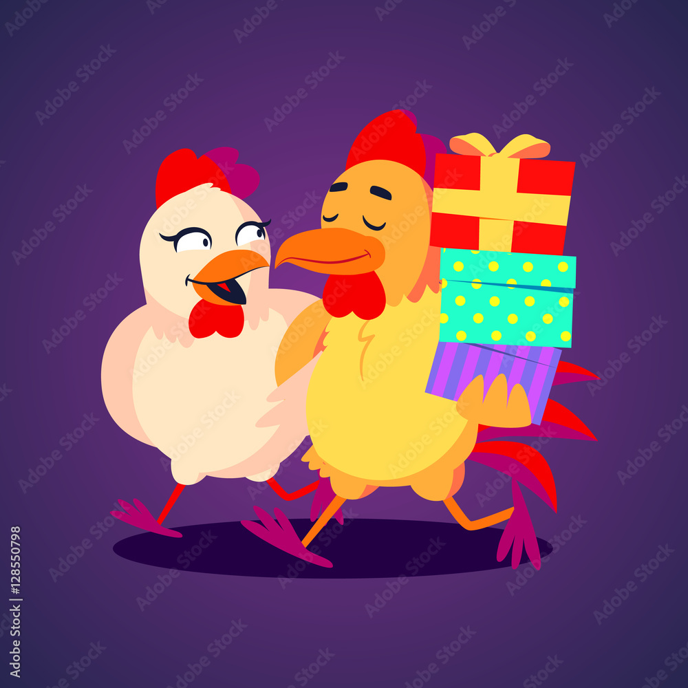 Naklejka premium Vector illustration. A smiling rooster and hen carying gift boxes in funny cartoon style
