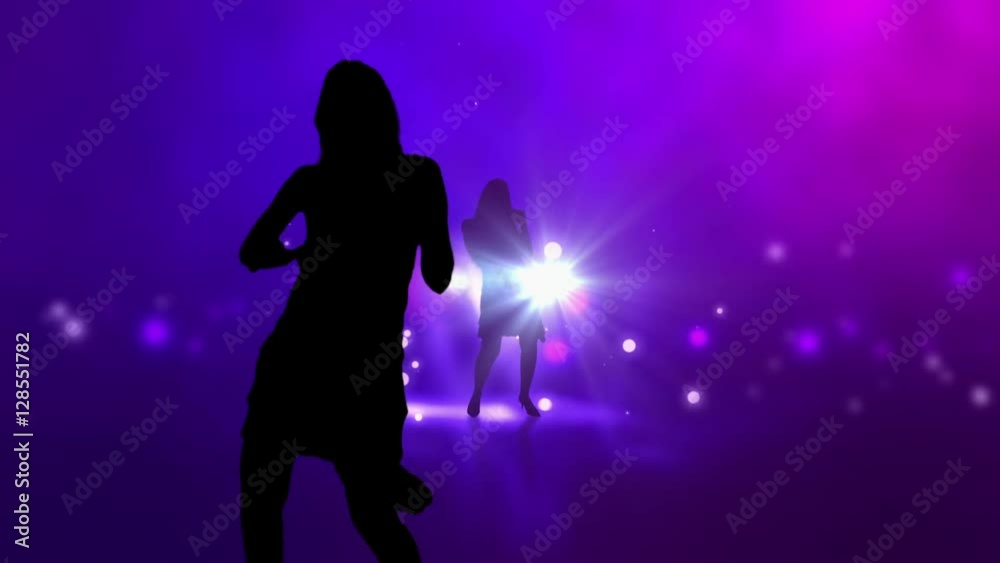 A music group singing and dancing on abstract stage A music group singing and dancing on abstract stage