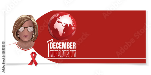 Horizontal banner for World AIDS Day. Woman with a red ribbon on his chest. 1 December. Vector illustration