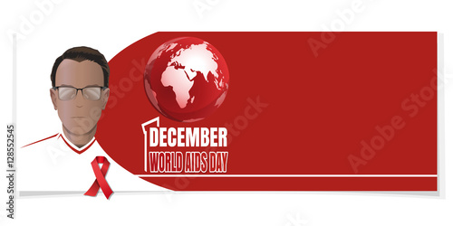 Horizontal banner for World AIDS Day. Man with a red ribbon on his chest. 1 December. Vector illustration