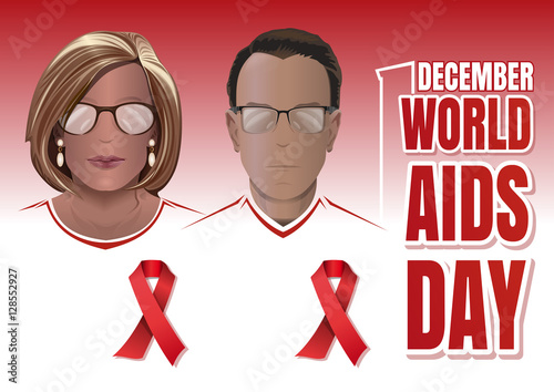 World AIDS Day design. Man and woman with a red ribbon on his chest. Aids Awareness. Vector illustration