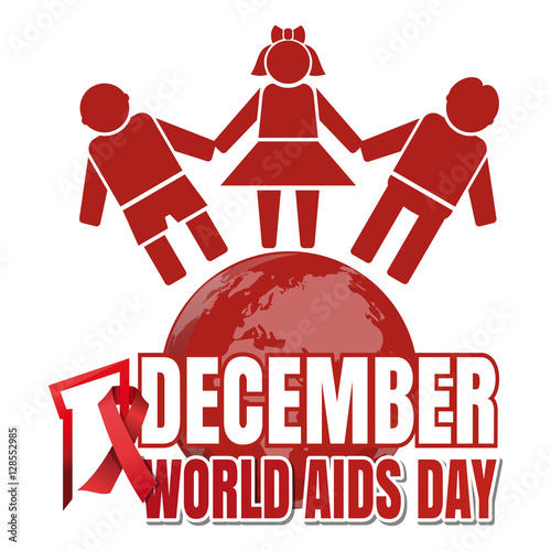World Aids Day. 1 December. Red ribbon of AIDS awareness and globe with people. World Aids Day concept. Vector illustration