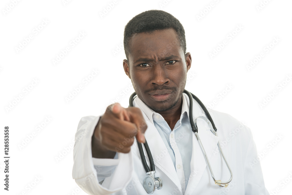 Angry african black male doctor pointing finger at you with stethoscope around his neck Angry african black male doctor pointing finger at you with stethoscope around his neck