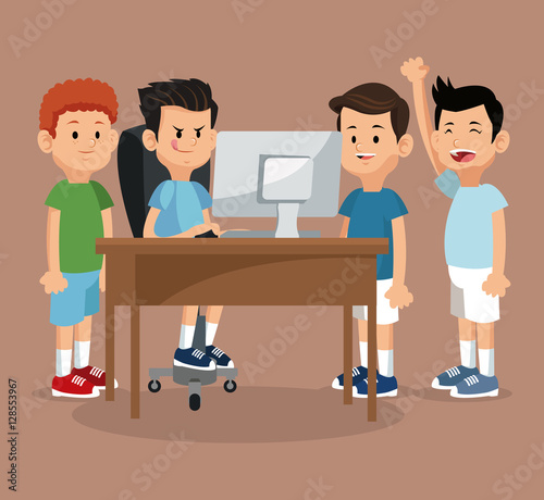 group friends gamers happy online with laptop vector illustration eps 10